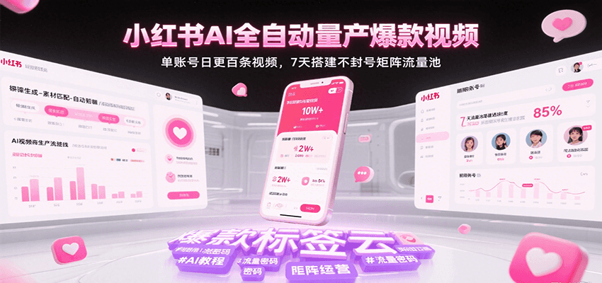 小红书AI全自动量产爆款视频,日更百条7天搭建矩阵流量池-无双副业