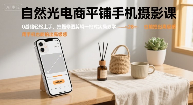 自然光电商平铺手机摄影课,0基础轻松上手拍摄修图剪辑教学-无双副业