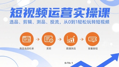 短视频运营实操课:选品剪辑测品投流从0到1轻松玩转-无双副业