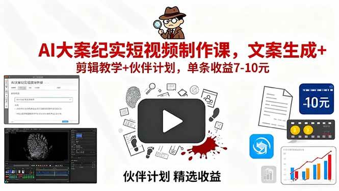 AI大案纪实短视频制作课,文案生成剪辑教学伙伴计划轻松变现-无双副业