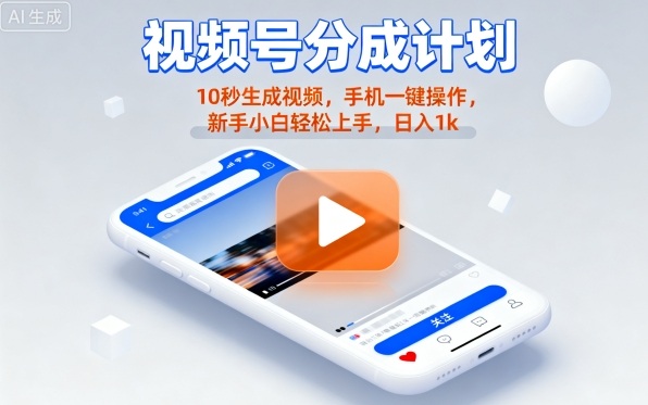 视频号分成计划懒人玩法揭秘:10秒生成视频手机操作日入1K-无双副业