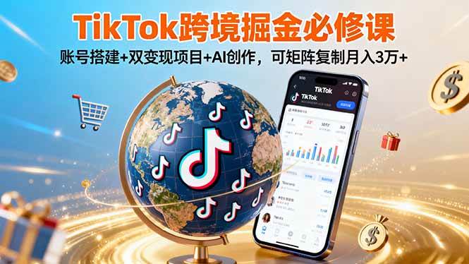 TikTo跨境掘金必修课,账号搭建+双变现项目+AI创作可矩阵复制-无双副业