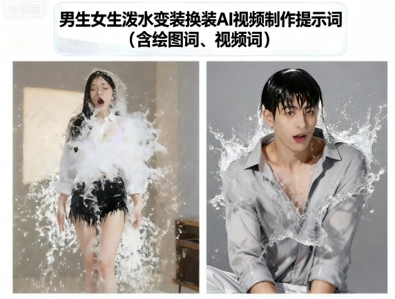 男生女生泼水变装换装AI视频制作技巧与提示词-无双副业