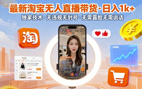 淘宝无人直播带货日入1k+独家技术无违规无需露脸-无双副业