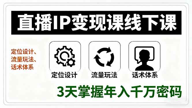 直播IP变现课线下课,定位设计流量玩法话术体系三天掌握年入千万密码-无双副业