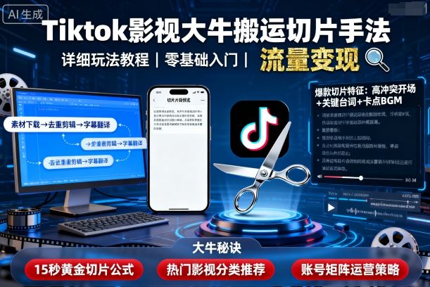 Tiktok影视大牛搬运切片手法教程-无双副业