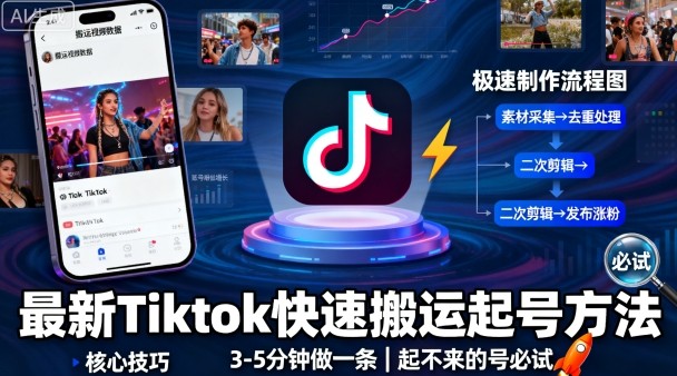 Tiktok快速搬运起号方法,3-5分钟制作高效起号-无双副业