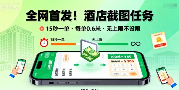 酒店截图任务揭秘:15秒一单0.6米,矩阵操作单日3张到手-无双副业