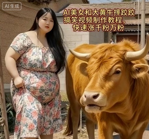 AI美女与大黄牛摔跤搞笑视频制作教程涨粉技巧-无双副业