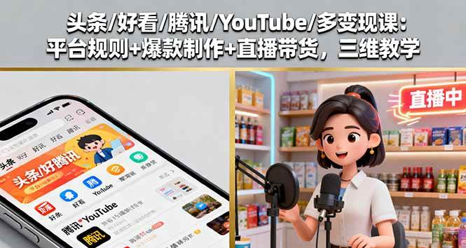 头条好看腾讯YouTube多变现课:平台规则爆款制作直播带货三维教学-无双副业