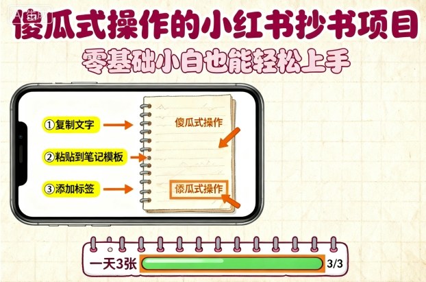 小红书抄书项目零基础操作,复制粘贴轻松日赚三张-无双副业