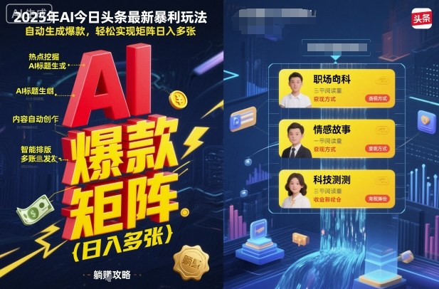 2025年AI今日头条最新暴利玩法,自动生成爆款轻松矩阵赚钱-无双副业