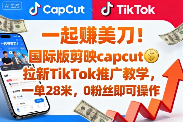 国际版剪映CapCut拉新TikTok推广教学,0粉丝可操作一单28米-无双副业