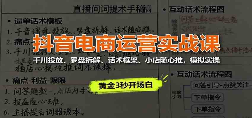 抖音电商运营实战课:千川投放罗盘拆解话术框架小店随心推模拟实操-无双副业