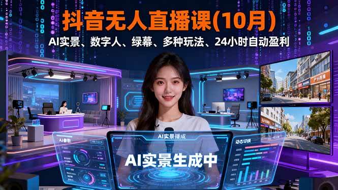 抖音无人直播课AI实景数字人绿幕多种玩法24小时自动盈利-无双副业