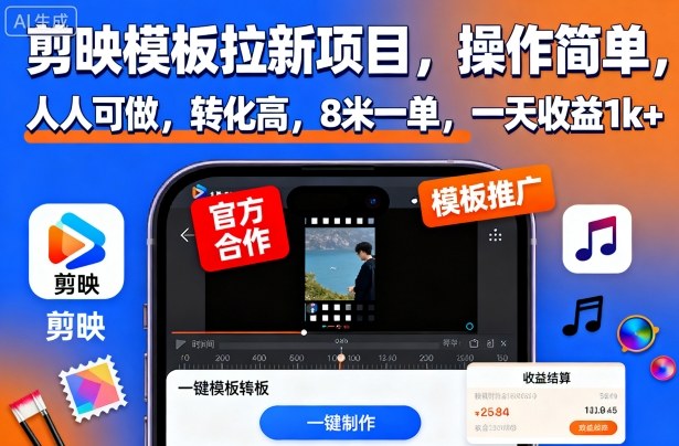 剪映模板拉新项目简单操作高转化收益可观-无双副业
