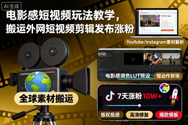 电影感短视频玩法教学与剪辑发布涨粉技巧-无双副业