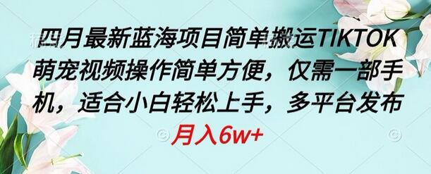 简单搬运TIKTOK萌宠视频，手机操作轻松月入6w+-无双副业