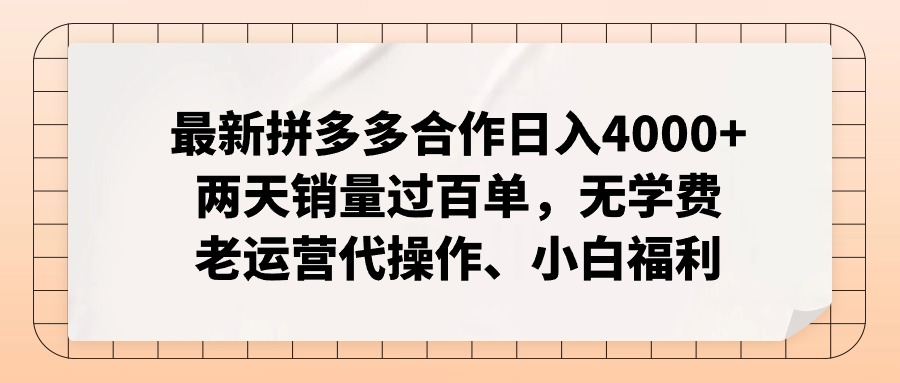 拼多多合作日入4000+，老运营代操作，小白轻松开店-无双副业