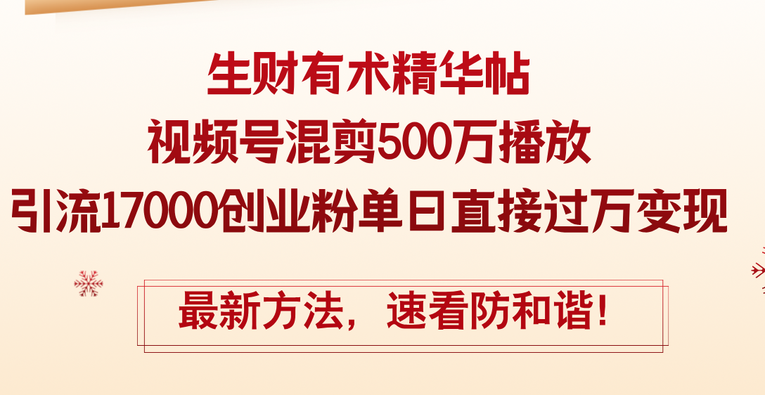 视频号混剪500万播放引流17000创业粉，单日变现过万最新方法-无双副业
