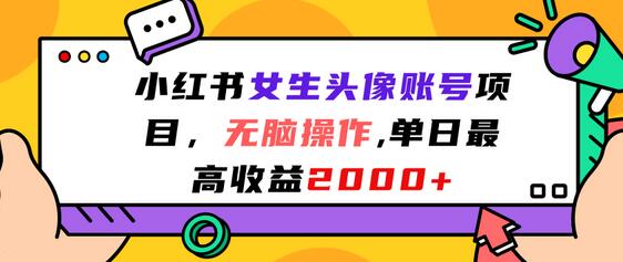 小红书女生头像账号项目，单日收益2000+的无脑操作-无双副业