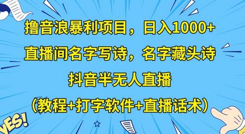 抖音直播间名字写诗项目，日入1000+，半无人直播教程-无双副业