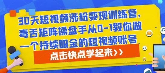 30天短视频涨粉变现训练营，毒舌矩阵操盘手教你打造吸金账号-无双副业