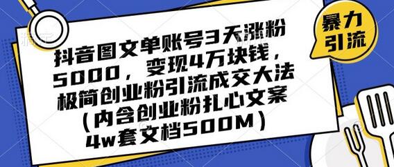 抖音图文账号3天涨粉5000变现4万，极简创业引流成交法-无双副业