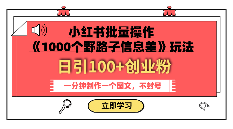 小红书批量操作《1000个野路子信息差》玩法 日引100+创业粉-无双副业