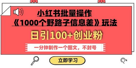 小红书批量操作《1000个野路子信息差》玩法，一分钟制作图文，日引100+创业粉-无双副业