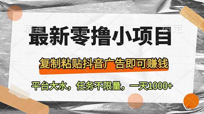 最新零撸小项目，复制粘贴抖音广告即可赚钱，平台任务不限量-无双副业