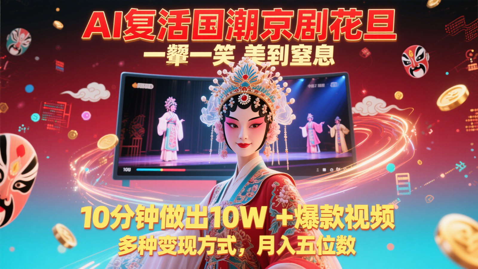 AI打造国潮京剧花旦视频教程，10分钟制作爆款内容实现变现-无双副业