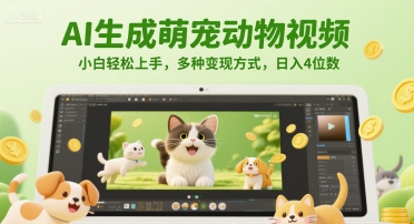 AI生成萌宠动物视频教程，轻松上手实现日入4位数-无双副业