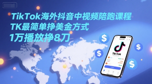 TikTok海外抖音中视频陪跑课程，最简单挣美金方式-无双副业
