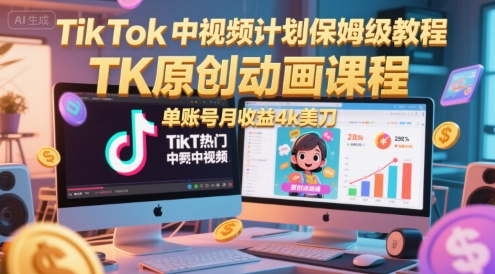TikTok中视频计划教程与原创动画课程，单账号月入4千美元-无双副业
