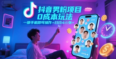 抖音男粉项目0成本玩法，一部手机操作时间自由-无双副业