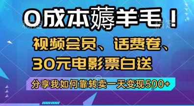 0成本薅羊毛！视频会员话费券30元电影票免费领转卖变现技巧-无双副业