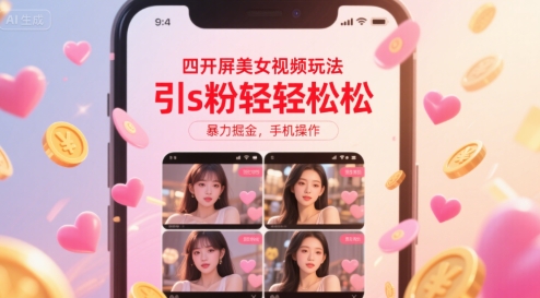 四开屏美女视频玩法轻松引粉手机掘金揭秘-无双副业