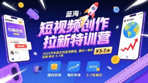 短视频创作拉新特训营，2025开年蓝海赛道国内海外双布局-无双副业
