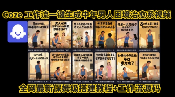 coze工作流一键生成中年男人困境高涨粉图文视频教程-无双副业