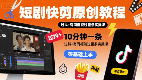 短剧快剪原创教程10分钟一条过抖同框过薯条实操课-无双副业