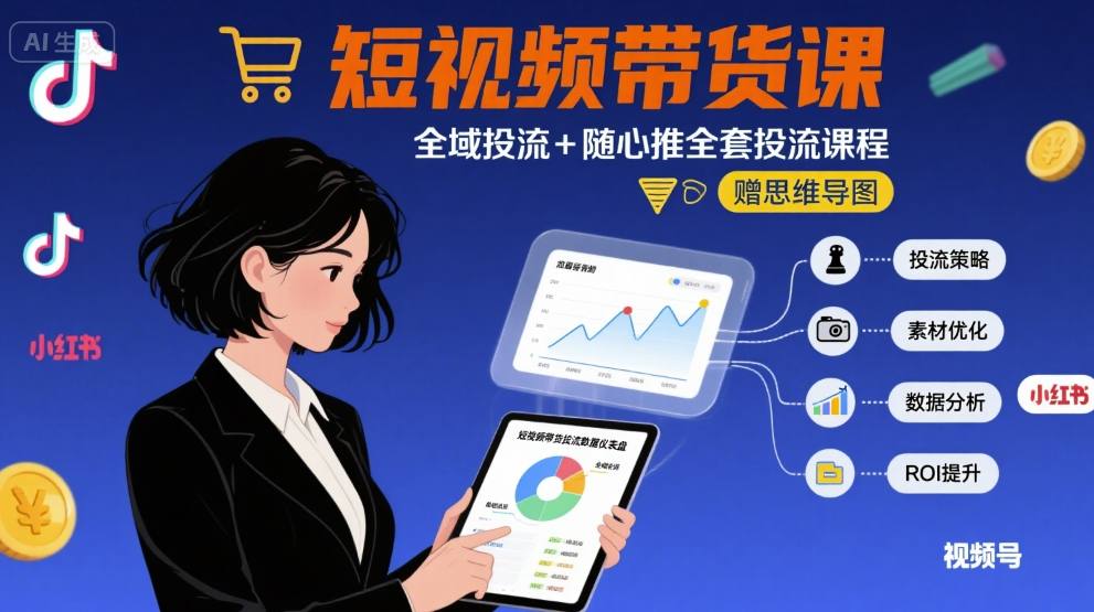 短视频带货课程：全域投流与随心推投放技巧及思维导图-无双副业