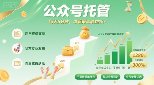 公众号托管：提供文章，每天5分钟，单篇收益1k+揭秘-无双副业
