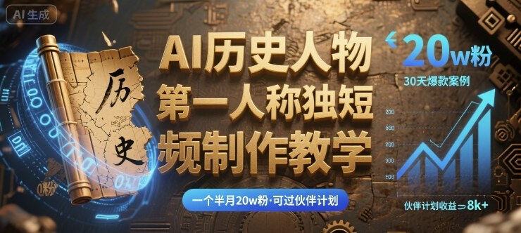 AI历史人物第一人称短视频制作教学，快速涨粉20万通过伙伴计划-无双副业