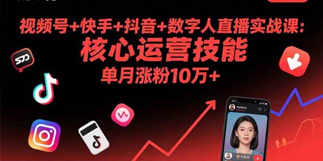 视频号快手抖音数字人直播实战课：核心运营技能单月涨粉10万+-无双副业