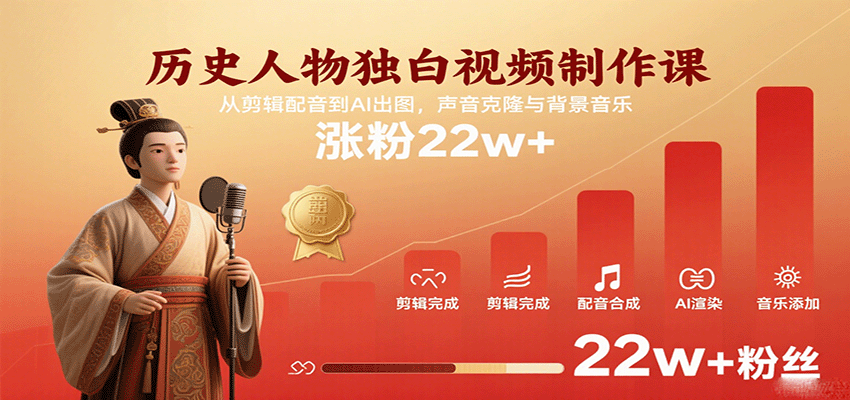 历史人物独白视频制作课：剪辑配音AI出图与涨粉技巧-无双副业