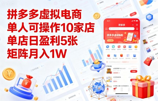 拼多多虚拟电商单人操作10家店单店日盈利5张矩阵月入1W+-无双副业