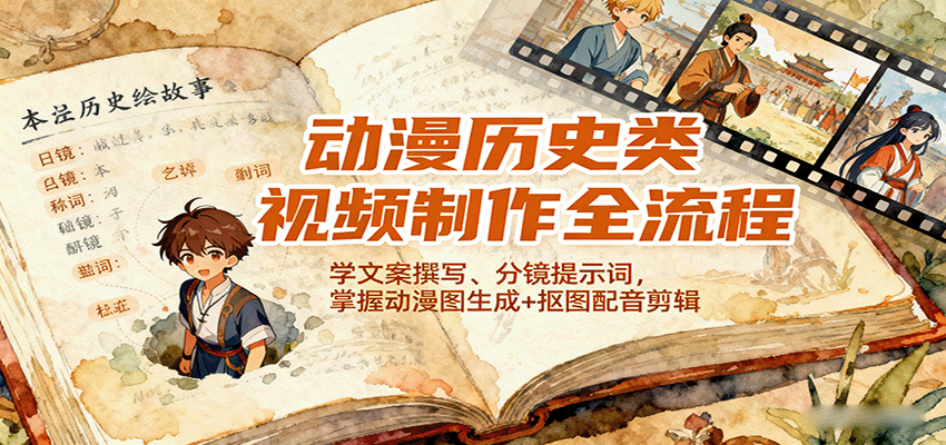 动漫历史类视频制作全流程教学，文案分镜到剪辑变现-无双副业