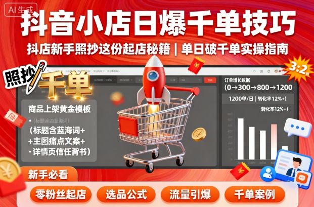 抖音小店日爆千单技巧，新手起店秘籍助单日破千单-无双副业