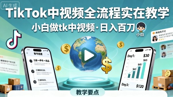 TikTok中视频全流程实操教学，小白轻松日入百刀-无双副业